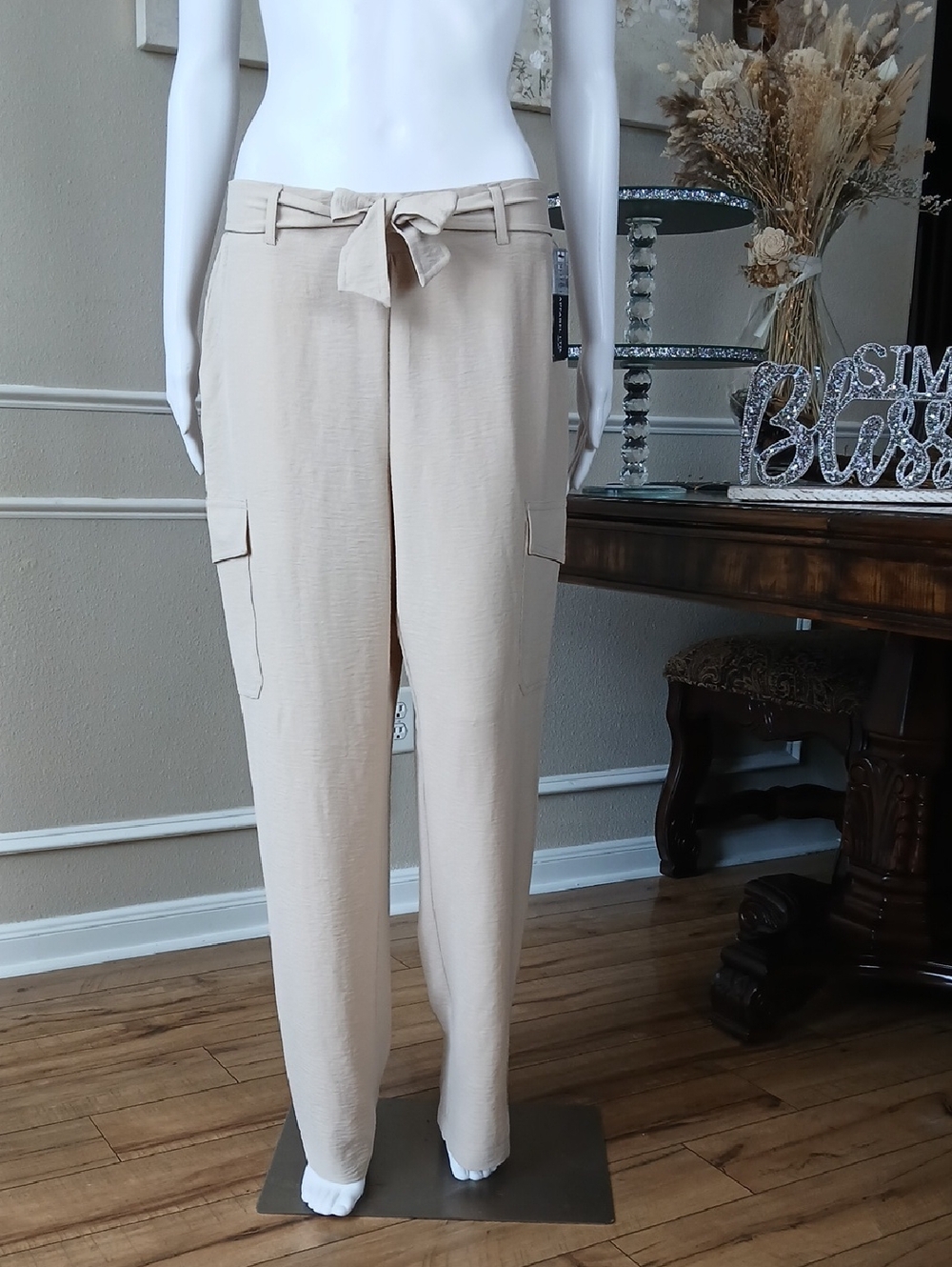 New Soho Women's Lightweight Beige  Tie-Waist Summer Wide Leg Pants Medium Pants